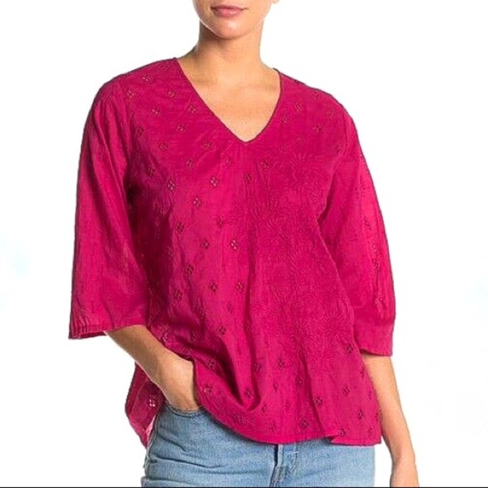 JOHNNY WAS Aria Embroidered Eyelet Short Sleeve Top in Fuschia Pink